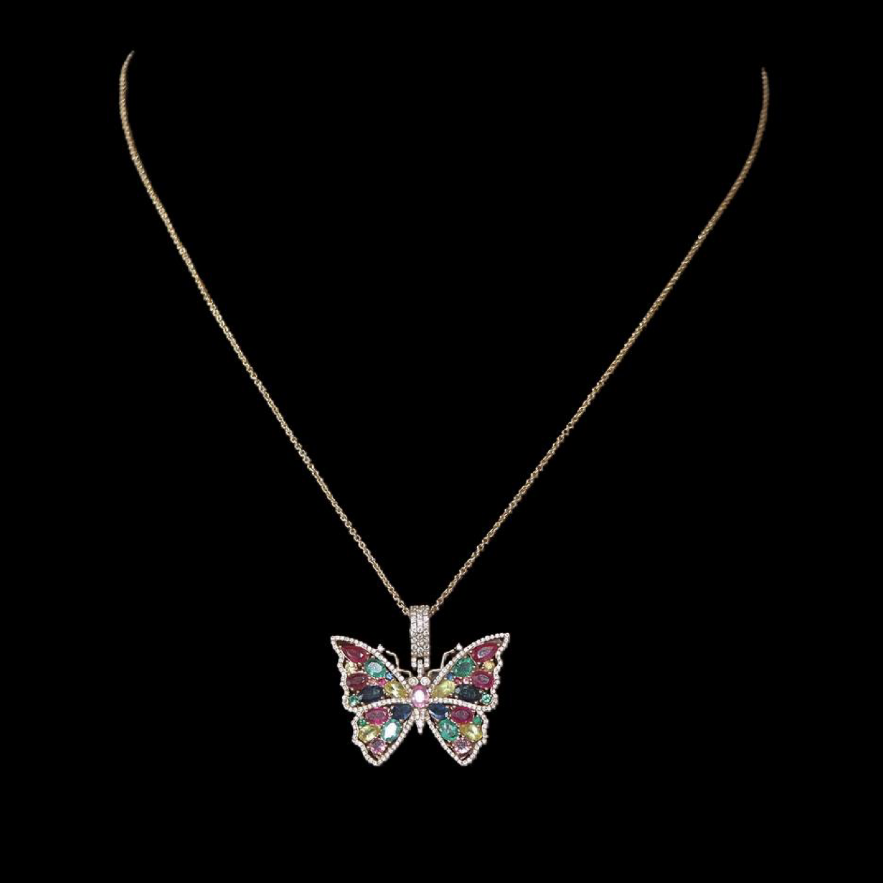 Elegant Butterfly Diamond & Multicolour Gemstone Pendant