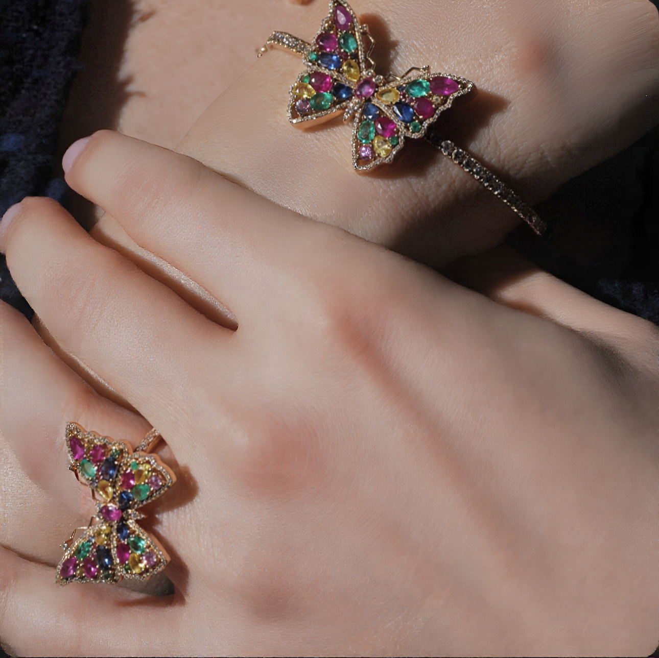 Elegant Butterfly Diamond & Multicolour Gemstone Ring