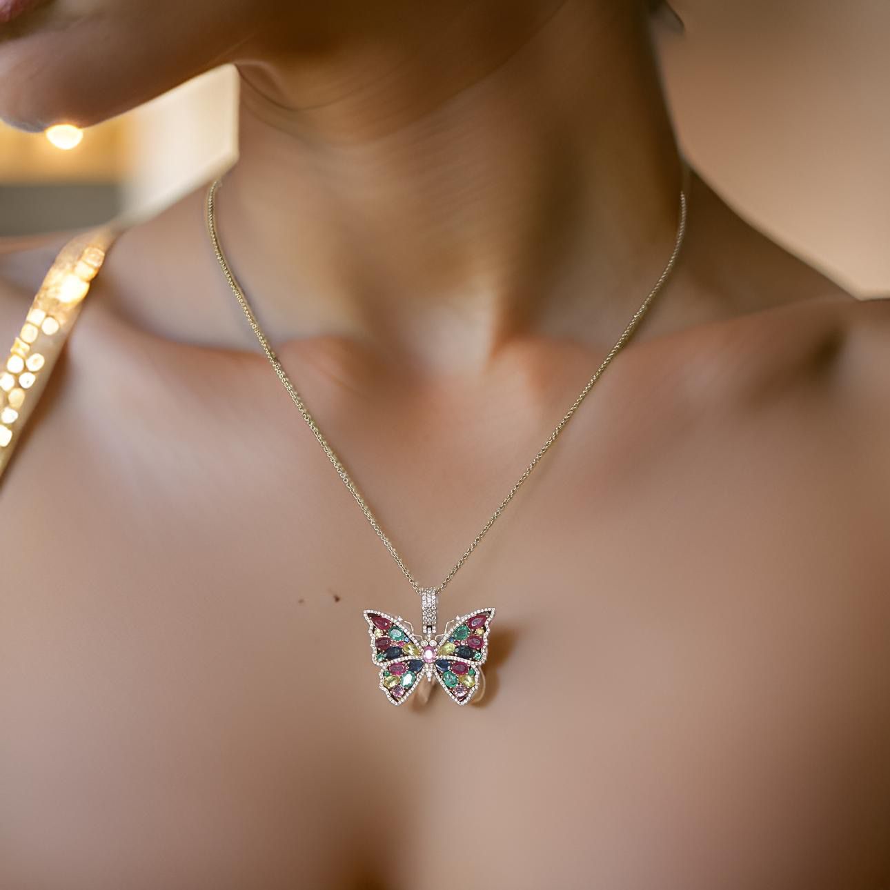 Elegant Butterfly 18ct Gold  Diamond & Gemstone Pendant