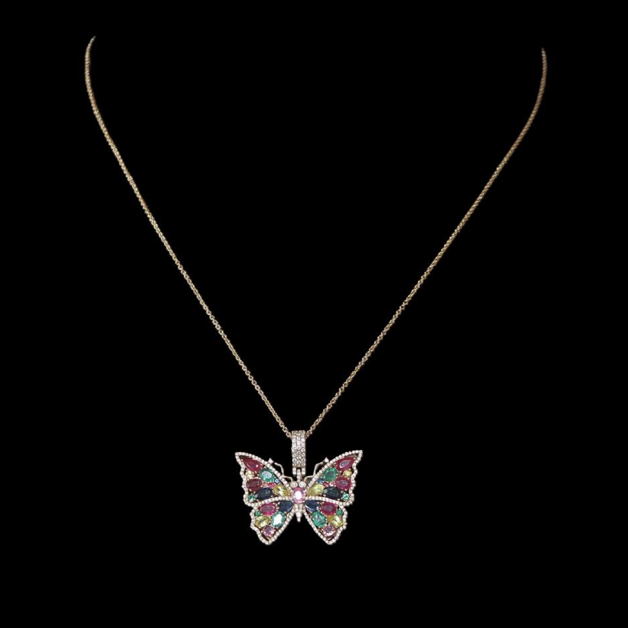 Elegant Butterfly 18ct Gold  Diamond & Gemstone Pendant