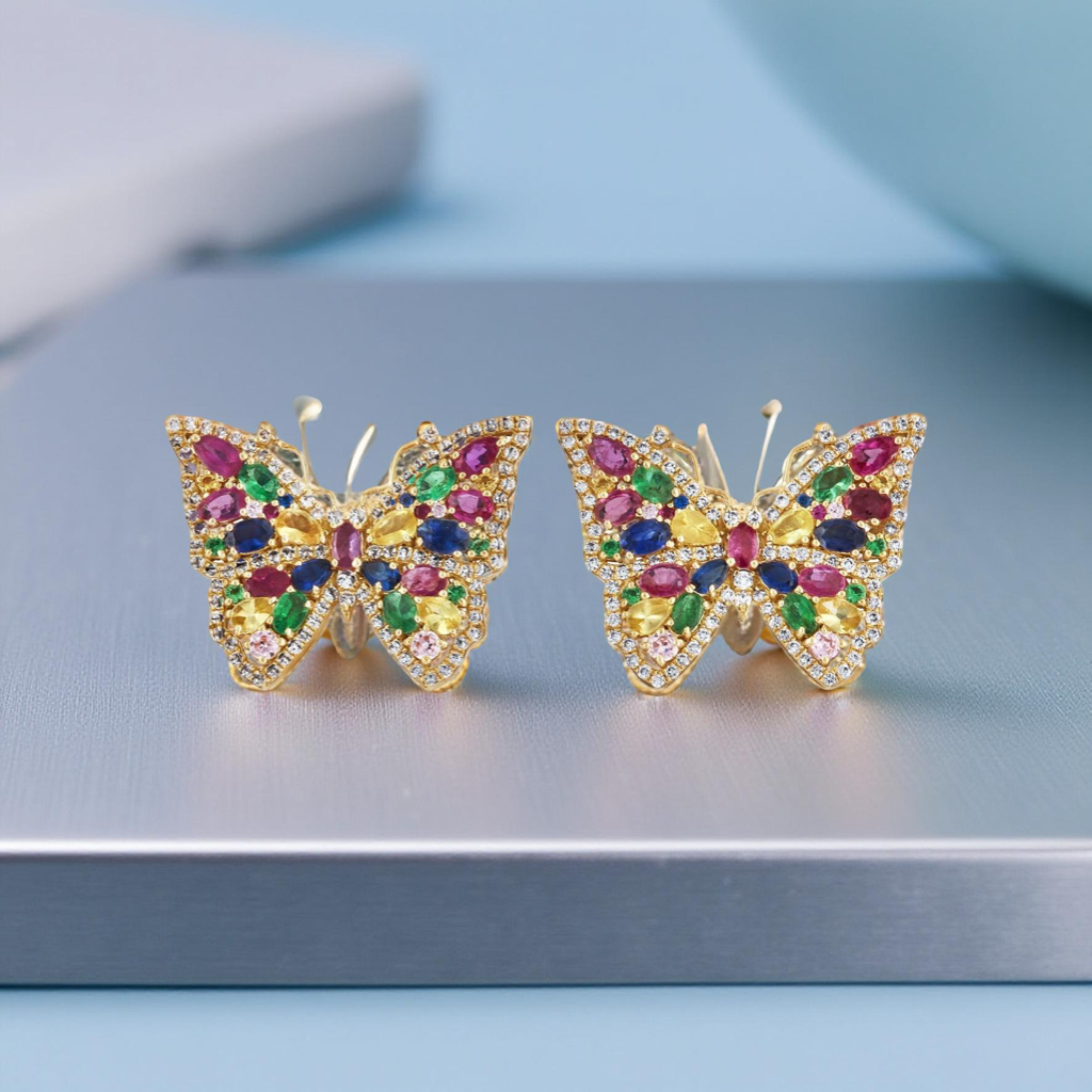 Elegant Butterfly Diamond & Multicolour Gemstone Stud Earrings