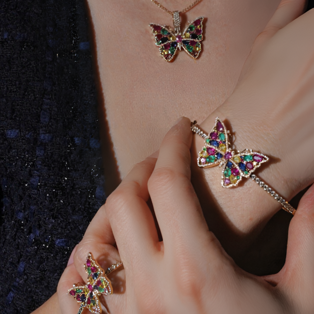 Elegant Butterfly Diamond & Multicolour Gemstone Ring