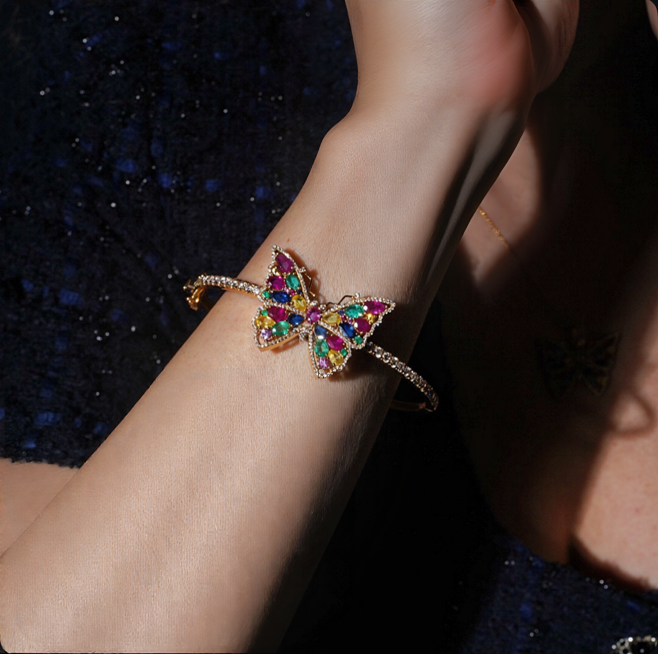 Elegant Butterfly Diamond & Multicolour Gemstone Bangle