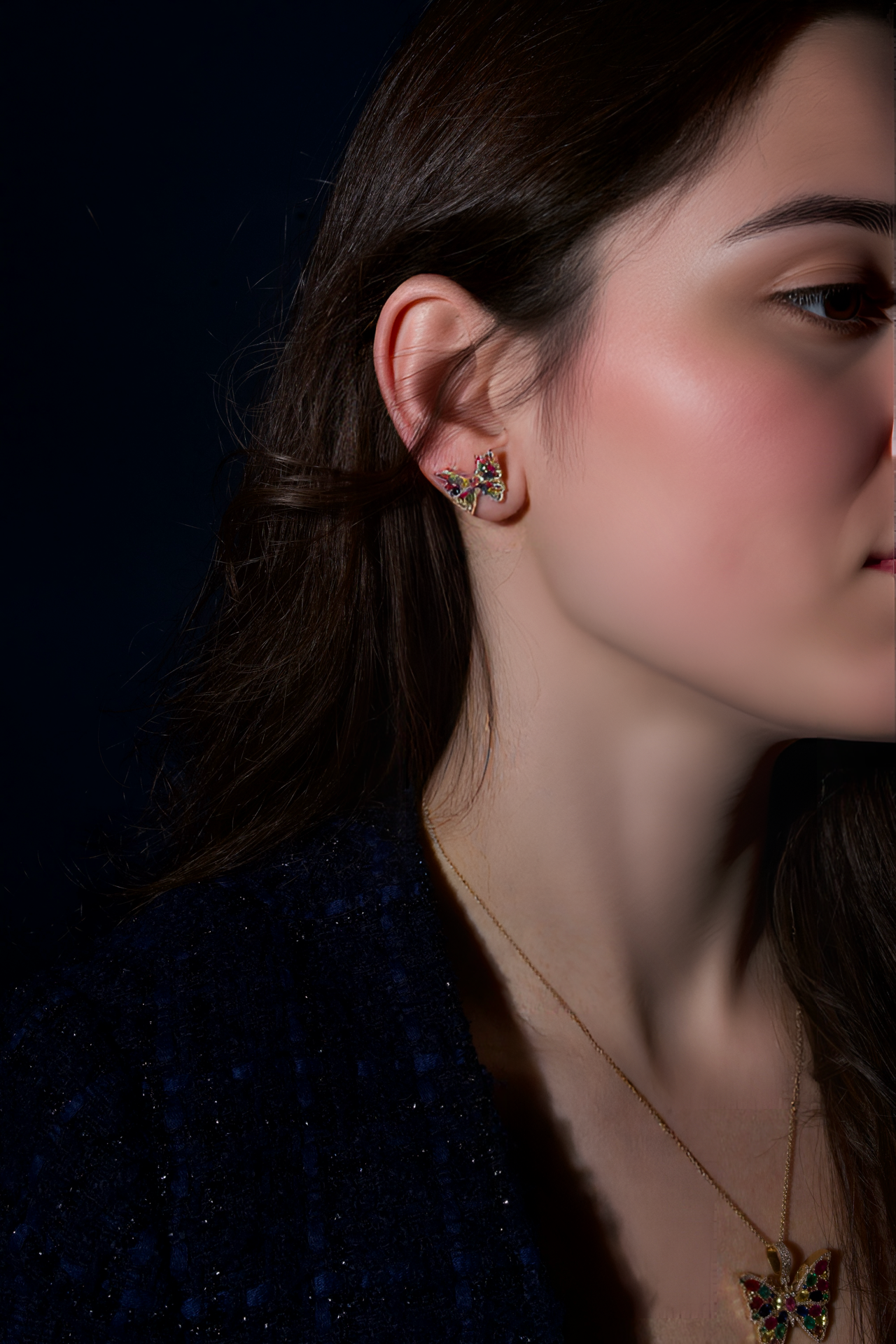 Elegant Butterfly Diamond & Multicolour Gemstone Stud Earrings